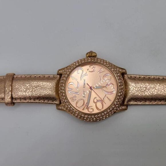Betsey Johnson Rose Gold Watch with Crystal Bezel Leather Band NWOT!  Works!